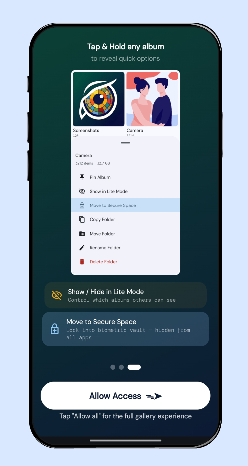 Tap and hold album to reveal Move to Secure Space option