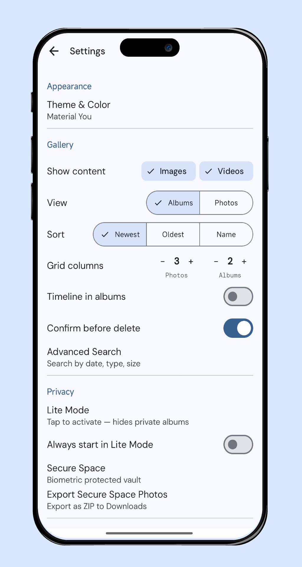 Settings — grid columns, Lite Mode, Secure Space