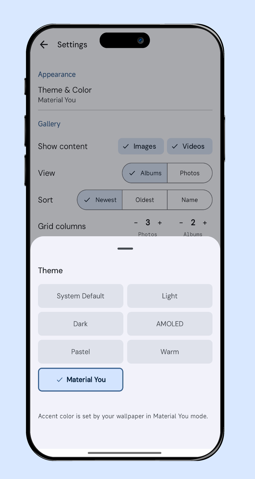 Material You theme picker bottom sheet